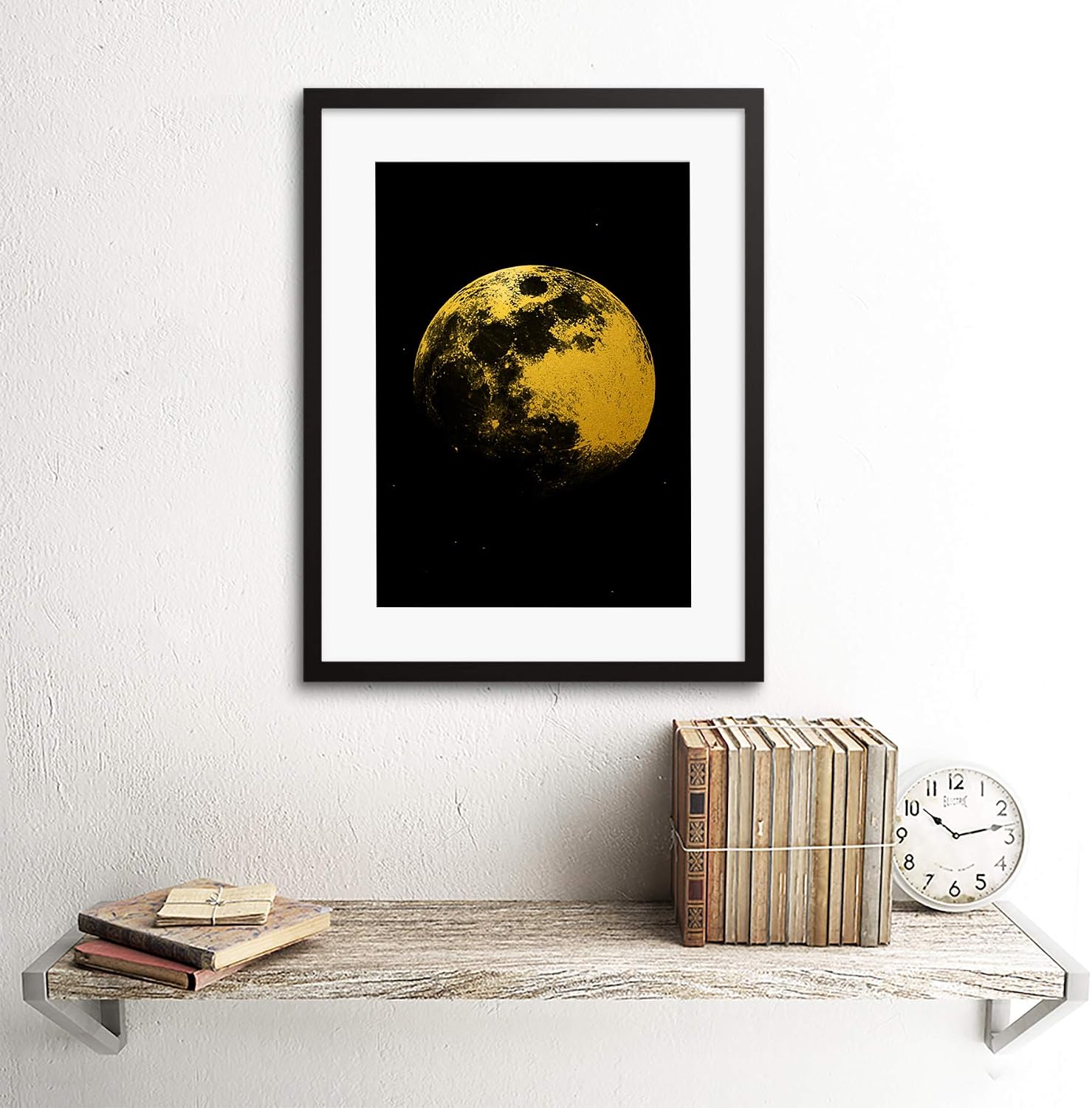Artery8 Gold Effect Yellow Black Moon Lunar Surface Space Artwork Framed Wall Art Print 12X16 Inch