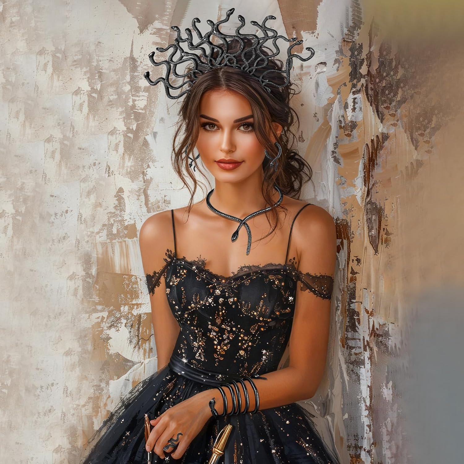 8 Pcs Halloween Medusa Jewelry Set Snake Costumes Accessories Bracelet Necklace Earring Ring Headpiece Punk Jewelry Gothic Tiara Headband Party Outfit Accessories for Women - Image 6