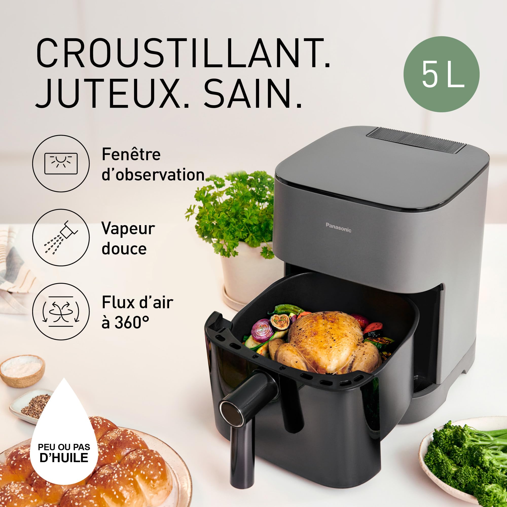Panasonic NF-CC500SXE AirFryer Friteuse sans huile avec Hublot, 5L, 80-200°C, Minuterie Numérique et Écran LCD, Vapeur Douce, 11 Préréglages, Nettoyage Facile, Gris Mat