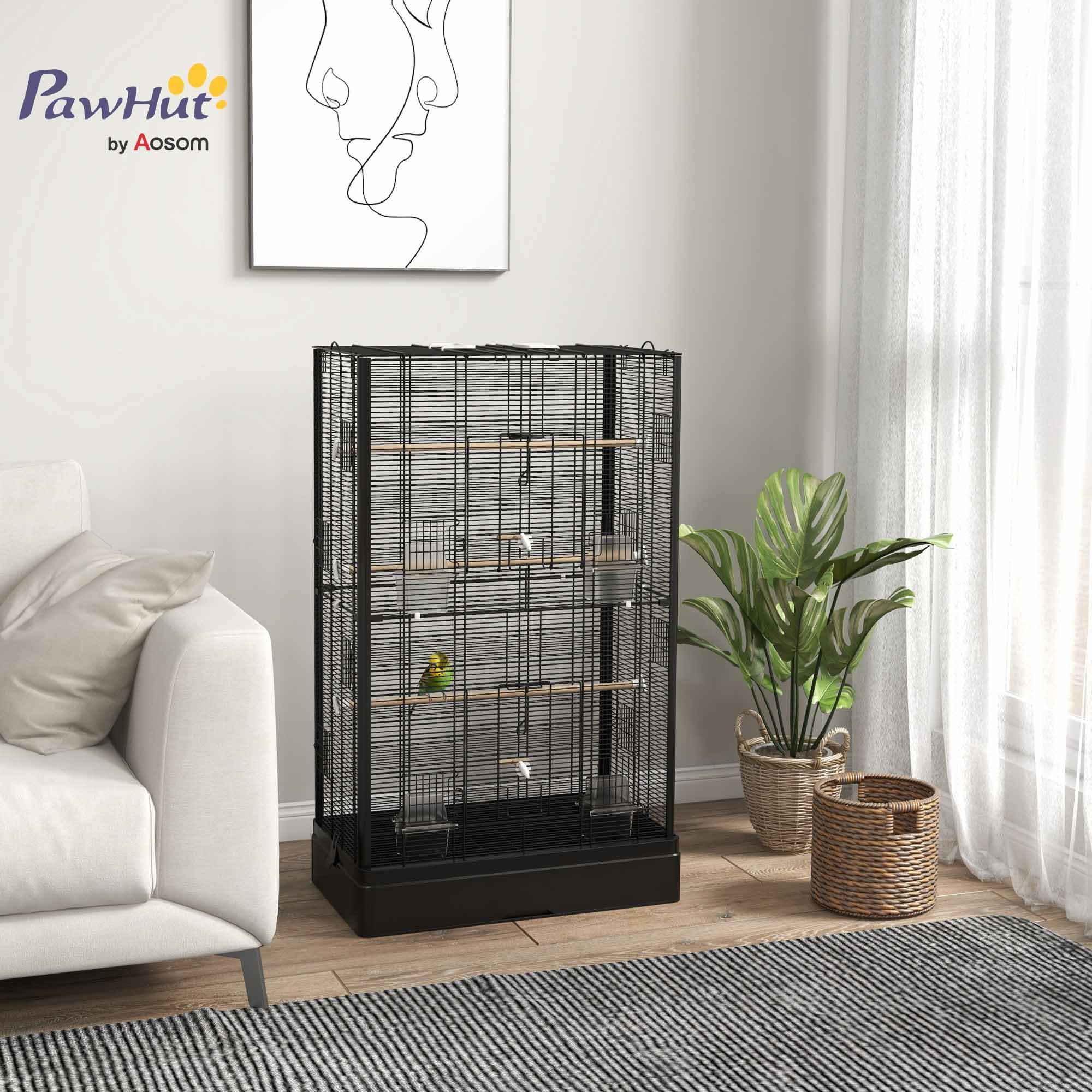 PawHut Cage à Oiseaux Volière avec Portes Perchoirs 61 x 36,5 x 98 cm Noir