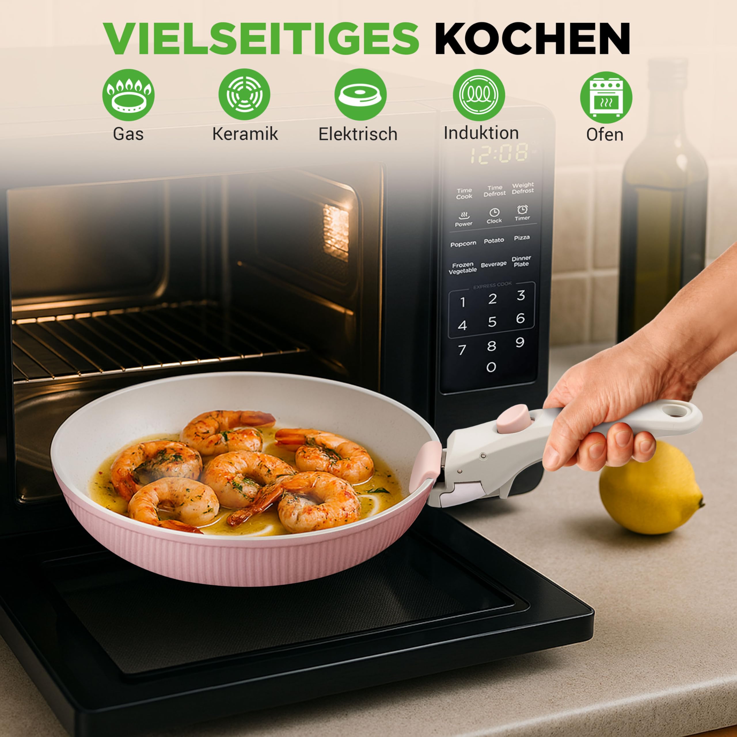 NutriChef Topfset 18 Teilig Keramik Rosa mit Abnehmbaren Griffen Induktion Topf und Pfannenset Antihaft Platzsparend Stapelbar Ofenfest Alle Herdarten
