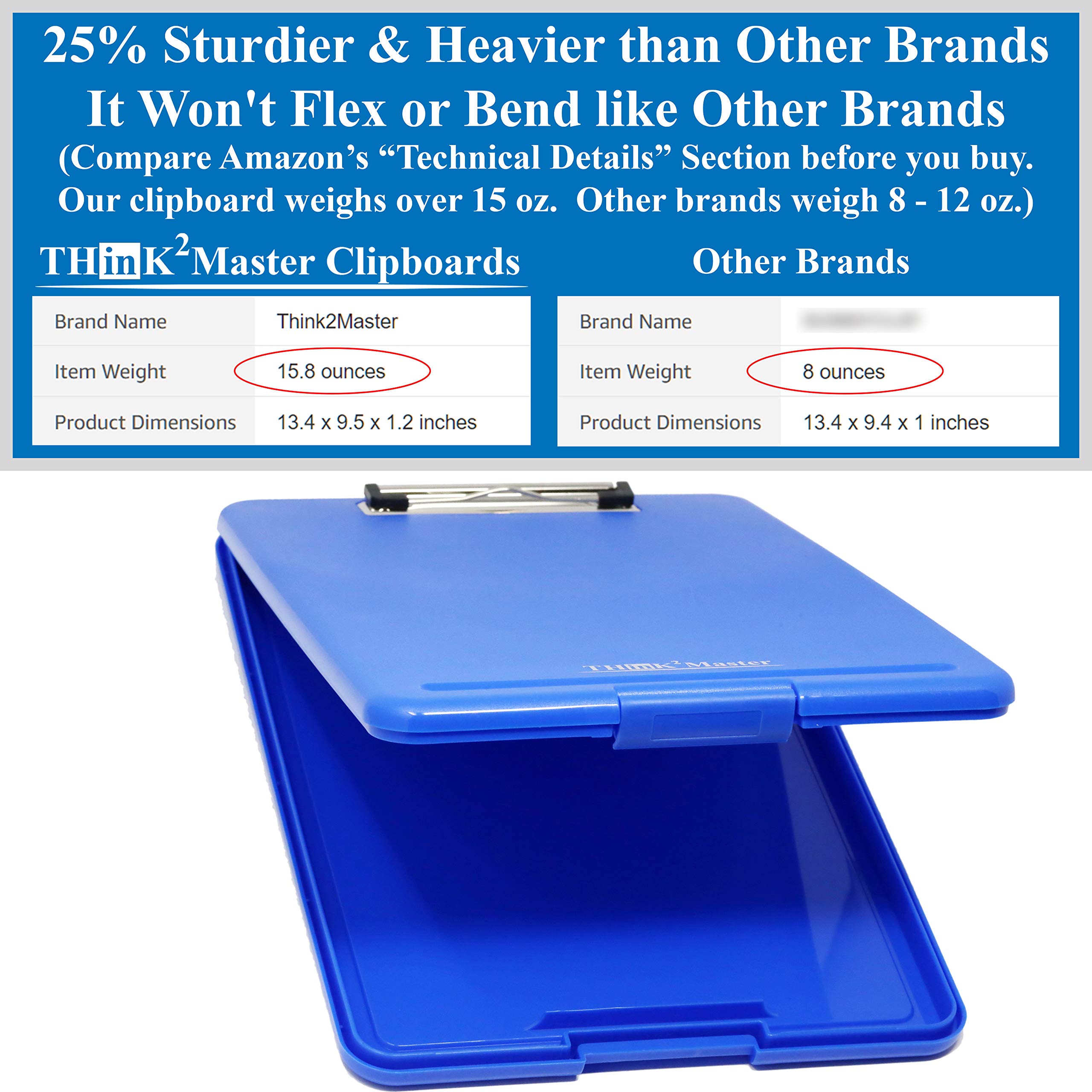 Think2Master Confezione da 3 portablocco in plastica blu. | 25% più pesante e 25% più robusto, resistente e non si flette come altre marche (confrontare il peso). Lo scomparto può contenere 150 fogli