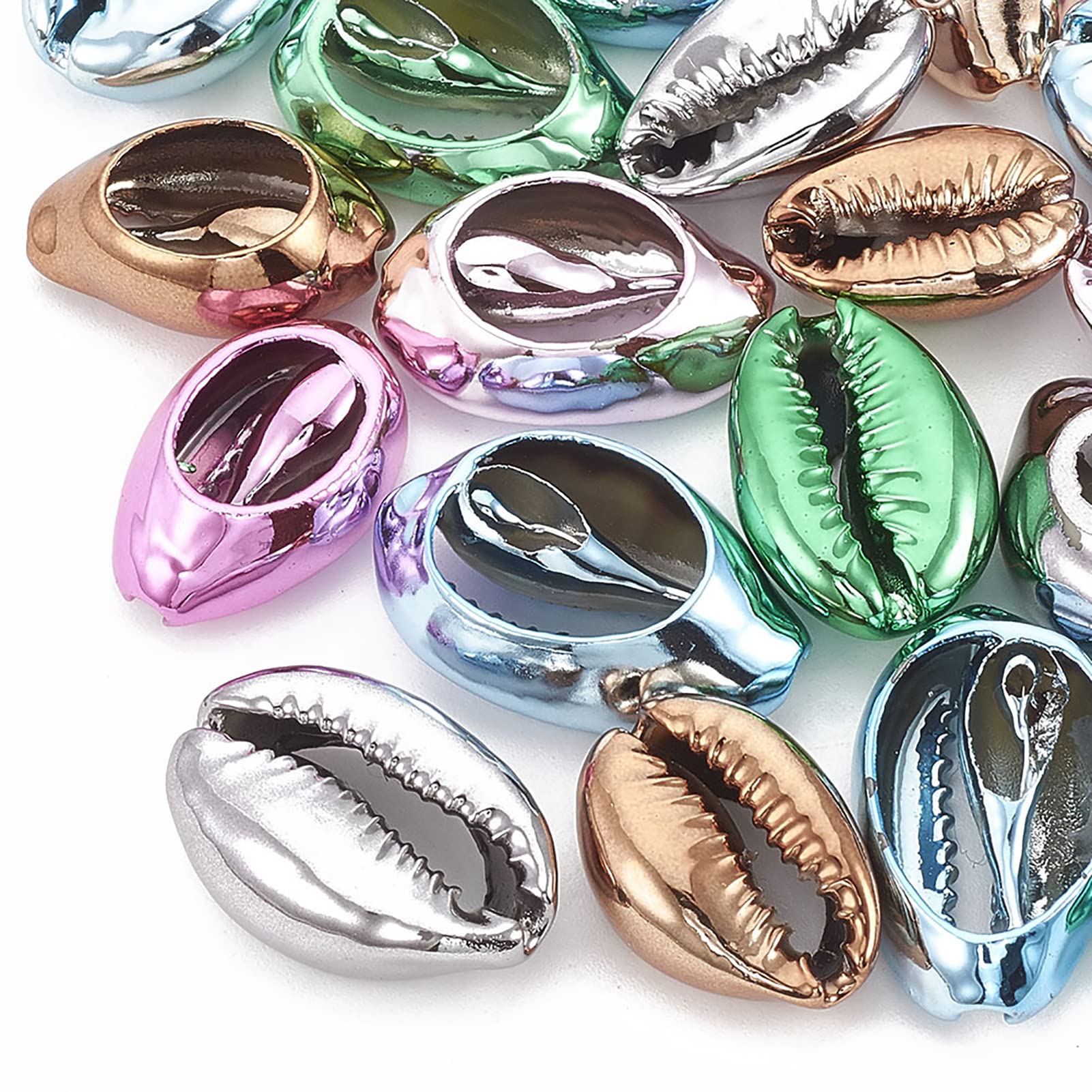 100pcs Mixed Colors Metallic Shiny Spiral Sea Shell Beads Electroplate Cowrie Shell Spacer Beads 17~21mm for Beach Ocean Summer DIY Jewelry Making Home Party Wedding Decor Vase Filler Fish Tank