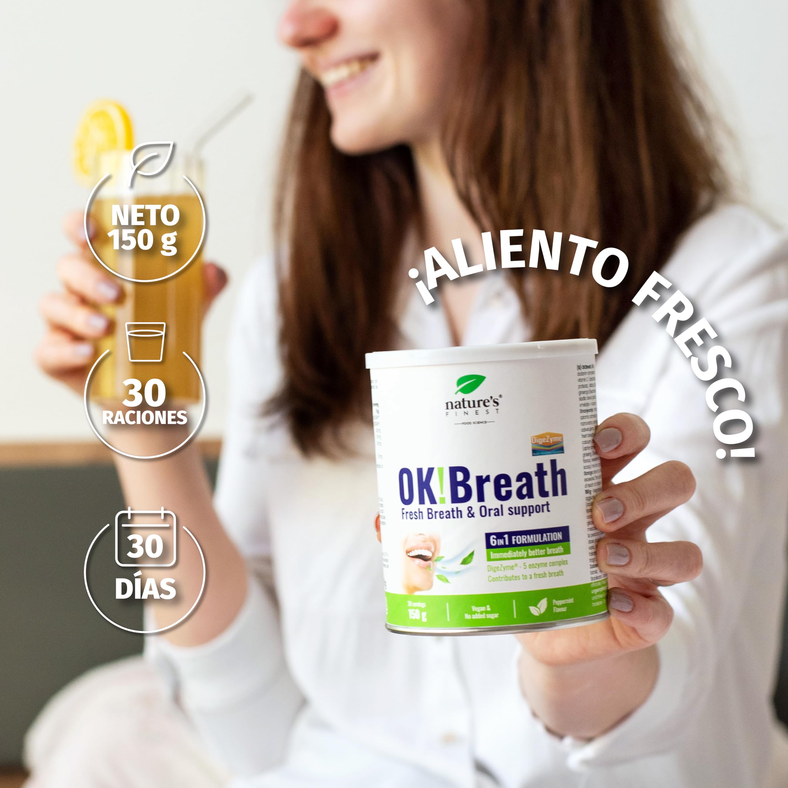 Nature's Finest OK!Breath, Bebida en Polvo 300 g (Paquete de 2) | bebida en polvo 6 en 1 con tomillo, DigeZyme, ginseng siberiano, jengibre, calcio y vitamina C - sabor limón y menta