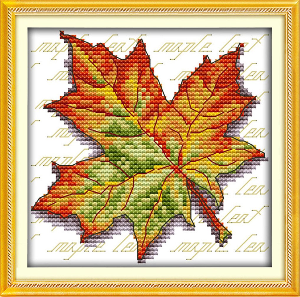 YEESAM ART® New Counted Cross Stitch Kits Advanced - Maple Leaf (2) - Embroidery Set Needlework DIY Handmade Christmas Gifts (Stamped Canvas)