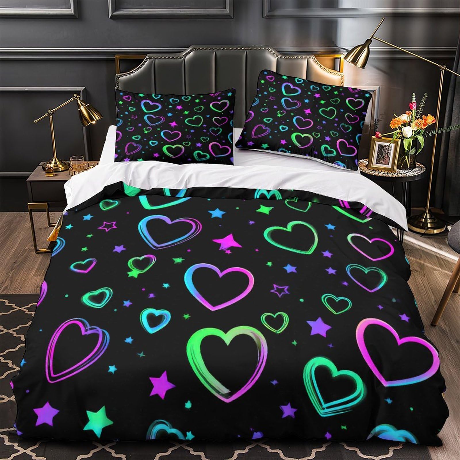 Housse de couette cœurs néon 140x200cm en microfibre 3D avec fermeture éclair