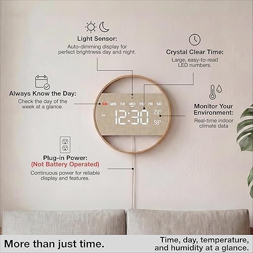 Miniatura 4 de Driini Moderno reloj de pared digital grande – Madera de bambú con pantalla LED grande – Día de la semana, hora, temperatura y humedad – Reloj