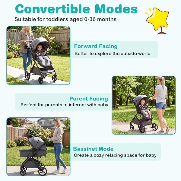 COSTWAY 3 in 1 Baby Stroller, Foldable Travel System Pram with Reversible Seat, Adjustable Canopy & Backrest, Mesh Net, Storage Basket, Lightweight Infant Newborn Pushchair for 0-36 Months (Grey) - 2
