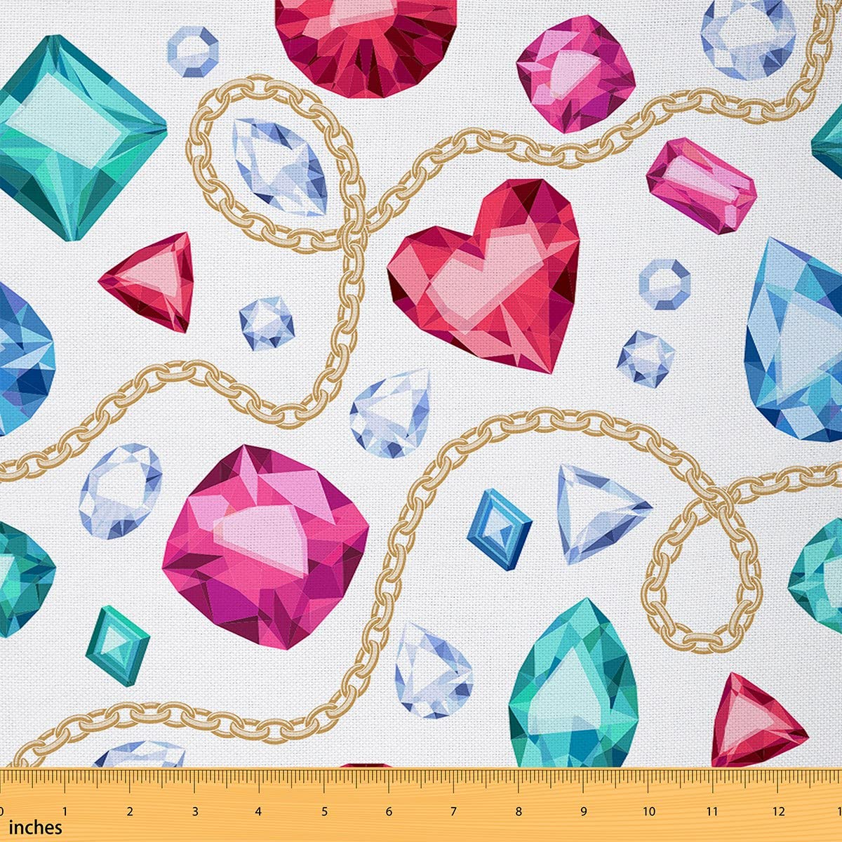 Colorful Diamond Fabric by The Yard Watercolor Glitter Jewelry Necklace Fabric for Teens Women Girls Precious Heart Gemstones Decorative Fabric for Bed Outdoor Indoor DIY Projects 1 Yard
