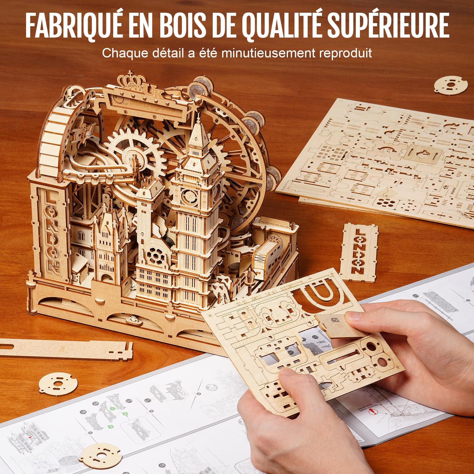 ROKR Marble Travel London – Puzzle Circuit à Billes 3D en Bois, Kit STEM pour Adolescents & Adultes, Maquette Interactive des Monuments de Londres avec Affichage Lumineux
