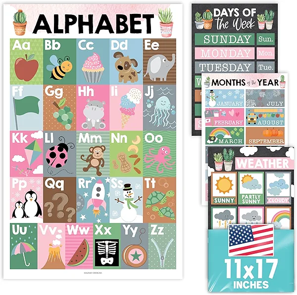 Hadley Designs 4 Alphabet, Months of the Year, Weather, Days of The Week Calendar For Kids, ABC Chart for Wall for Toddlers, Laminated Charts for PreK Classroom or Homeschool, Cactus Posters 11x17