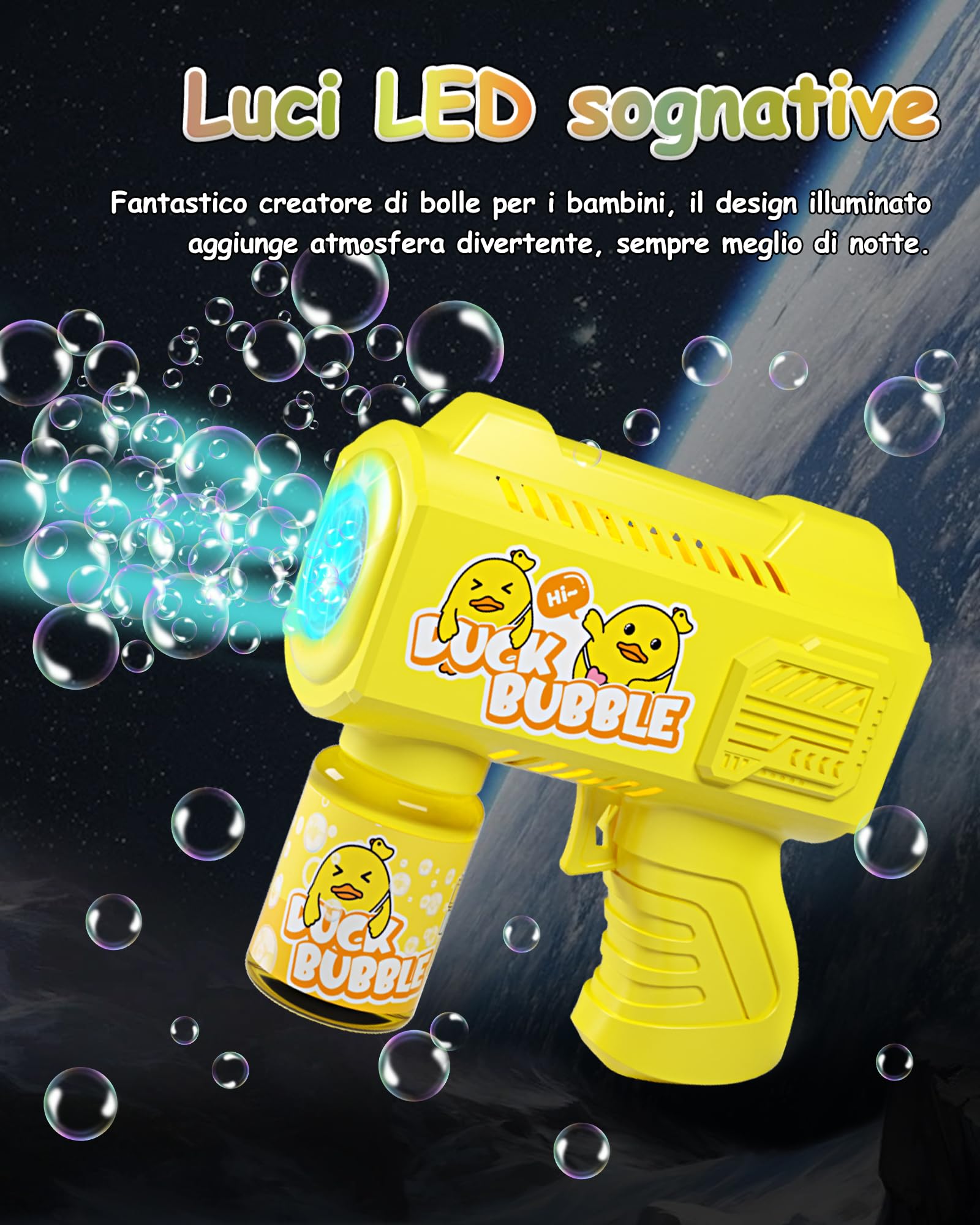 Pistola a Bolle per Bambini, Automatica Macchina di Sapone con 4 Pezzi Soluzione Bolla, 5000 + Bolle/Min, Luce LED, Estate per Festa/Spiaggia/Compleanno/Matrimonio