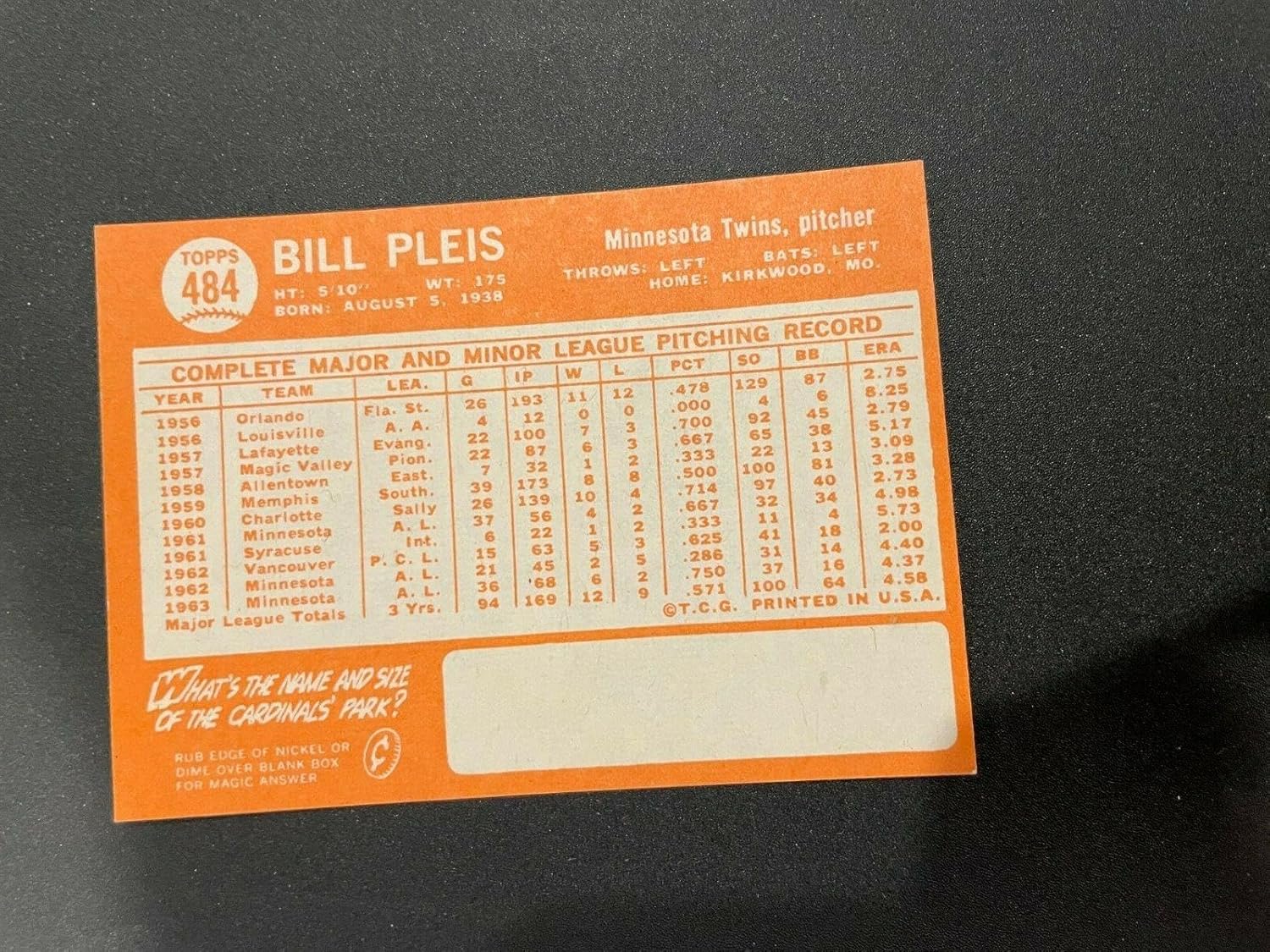 1964 Topps #484 Bill Pleis Minnesota Twins Baseball Card Nm/mt Set Break - Slabbed Baseball Cards