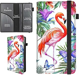 Car Insurance and Registration Holder,PU Leather Vehicle Glove Box Wallet Case Essential Documents Organizer for Driver's License Cards,Flamingo And Flower