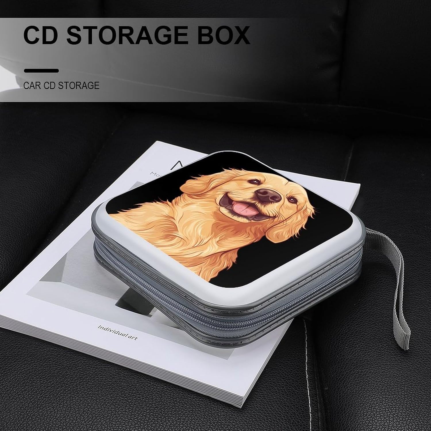 Retriever Dog Smiling CD Case DVD Storage Holder Binder 40 Capacity | protective,hard case,protable loop,travel car use,zippered closure