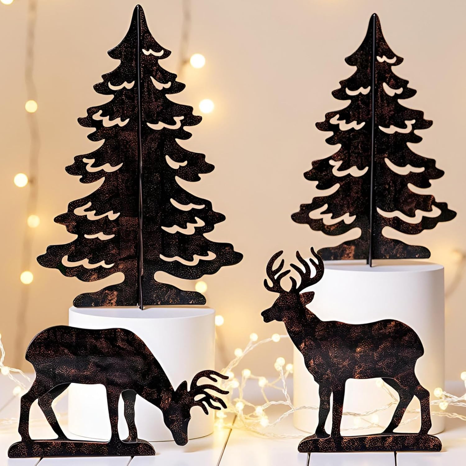 YULETIME 4-Piece Metal Christmas Reindeer and Tree Scene Silhouette Set, Winter Forest Deer & Spruce Landscape Holiday Tabletop Ornament