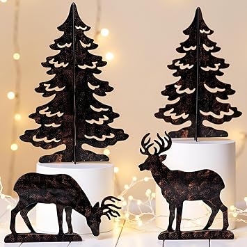 YULETIME 4-Piece Metal Christmas Reindeer and Tree Scene Silhouette Set, Winter Forest Deer & Spruce Landscape Holiday Tabletop Ornament