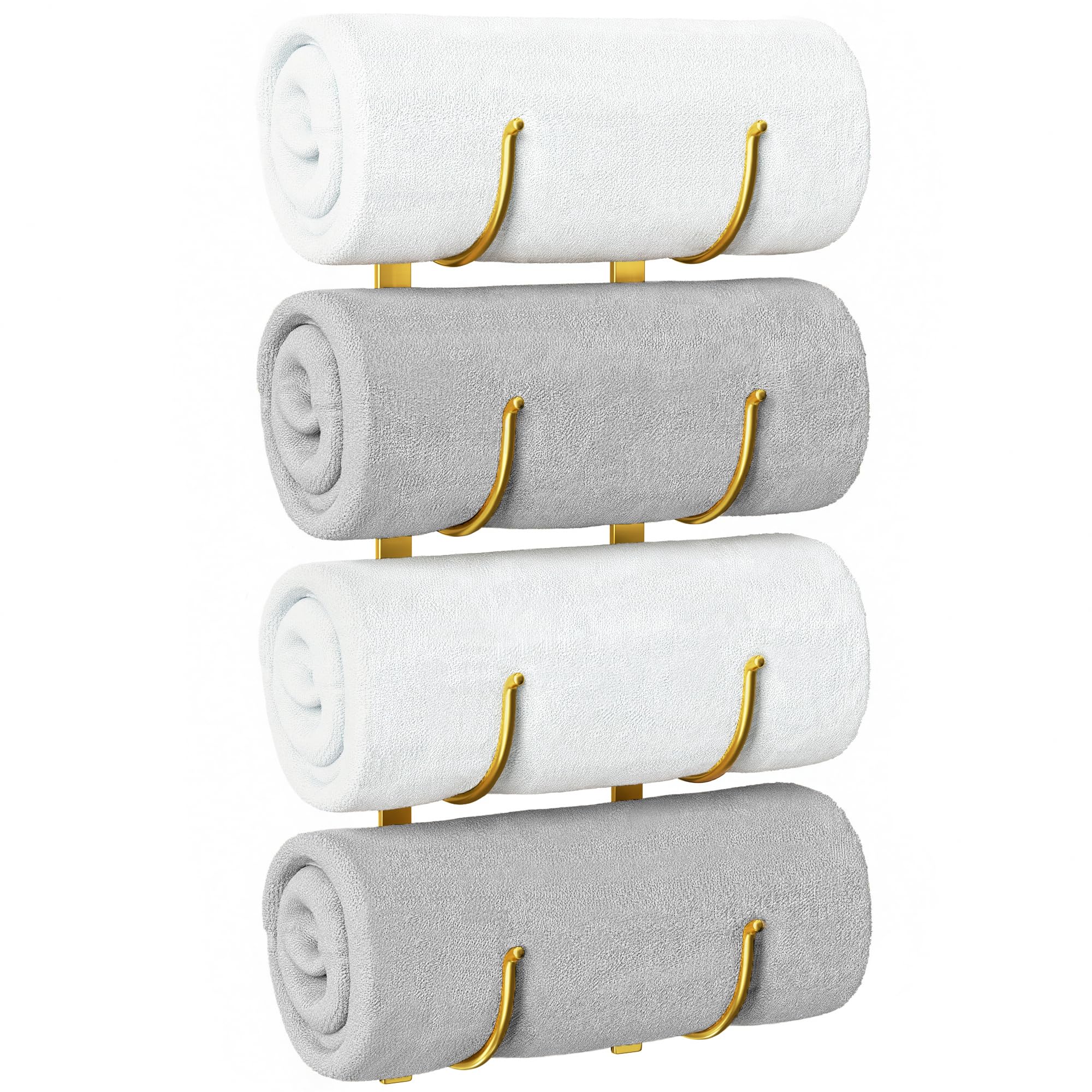Rolled Towel Rack for Bathroom– 4-Tier Rolled Towel Storage Holder,Metal Organizer for Towels & Large Bath Sheets, Space Saving Rack for Small Bathroom, RV, Camper, Closet, Gold Metal