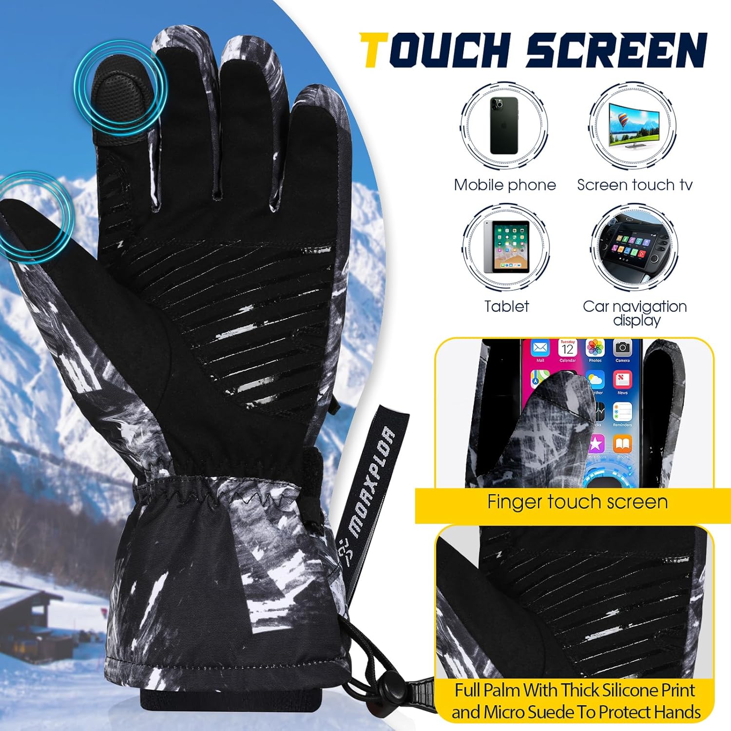Winter Ski Snow Gloves Men Women,Windproof Touchscreen Snowboard 3M Thinsulate Insulated Warm Winter Snowmobile Gloves - Image 4