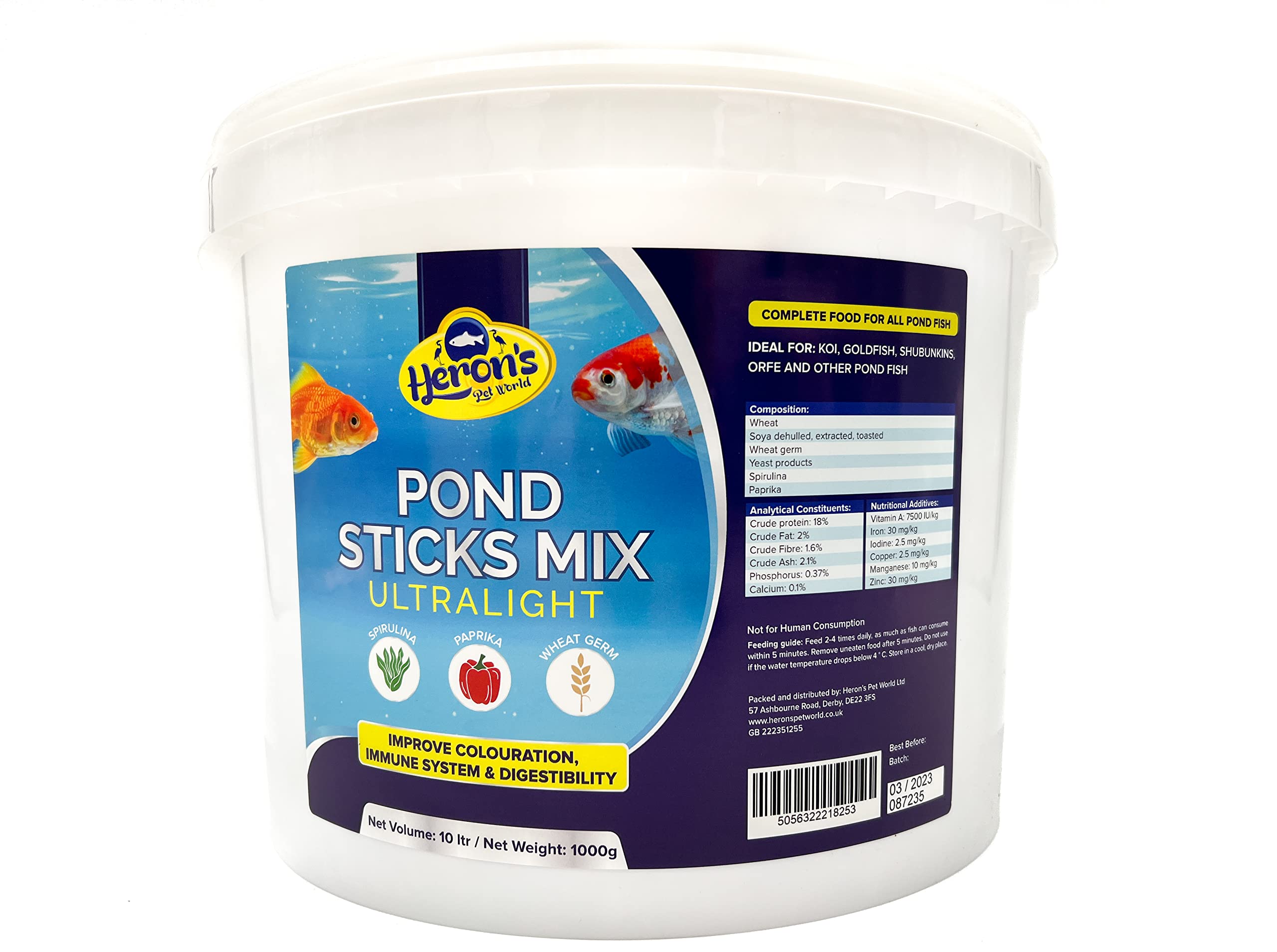 HERONS - Pond Sticks Mix Ultralight - Floating Sticks for Koi, Carp and Coldwater Fish - Immune System Boost - With Spirulina and Paprika - Complete Feed for Pond Fish - 10L Bucket