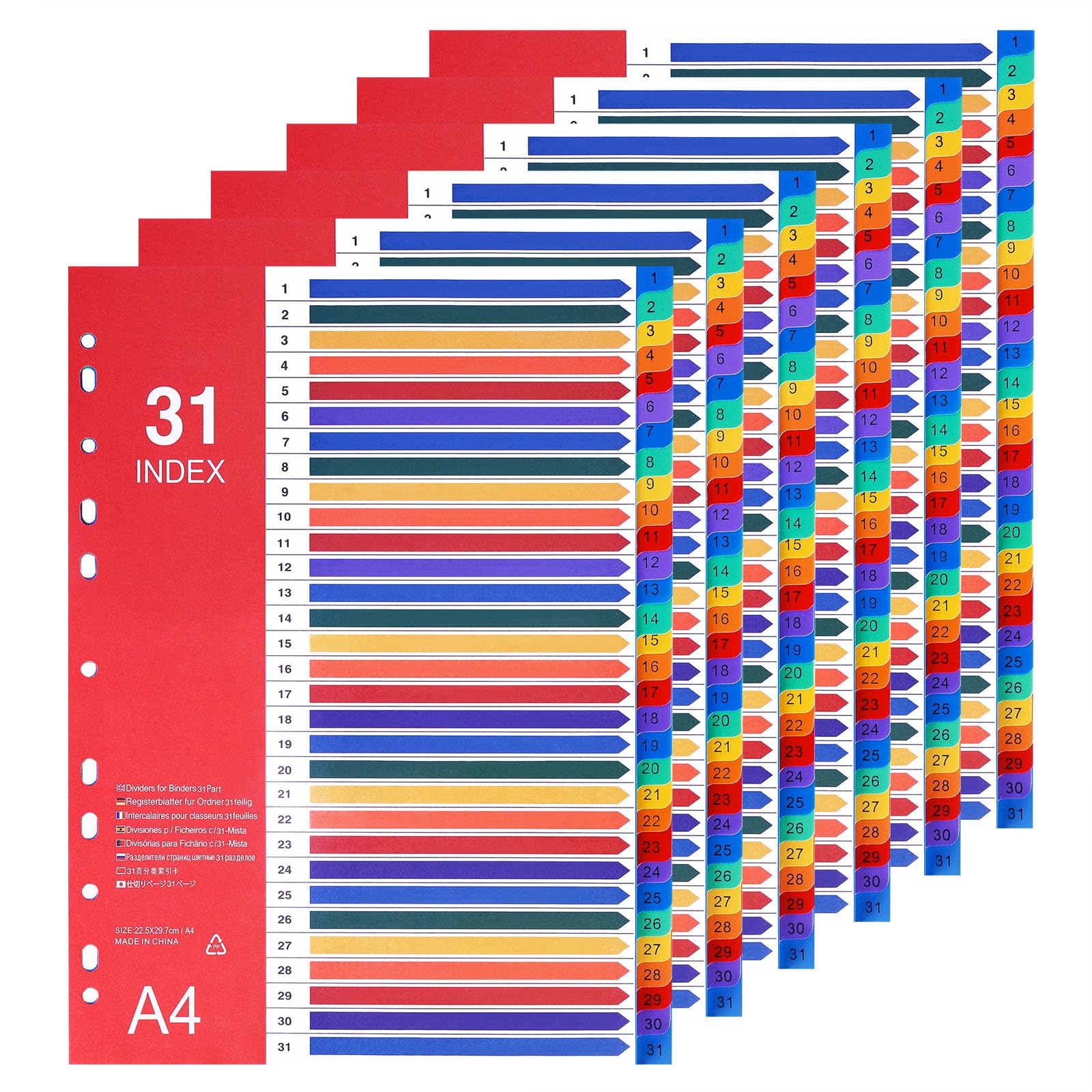 Srvnpioy File Dividers A4 1-31 (6 Pack) Multicolour Plastic Binder Dividers A4 31-Part for Office School, Punched 11-Holes for Lever Arch Files, Ring Binders