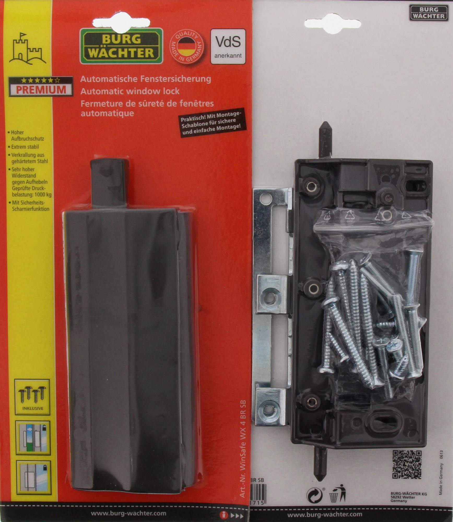 Burg-Wächter Fenstersicherung, VdS-anerkannt, Druckbelastung: 600 kg, WinSafe WX 4 BR SB, Braun