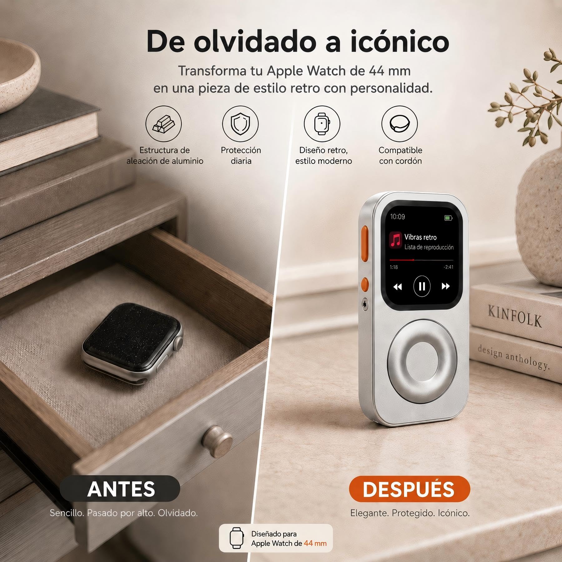 Funda Protectora de Aleación de Aluminio Estilo Retro iPod para Apple Watch Series 4/5/6/SE1/SE2, con Rueda de Clic, Kit de Reproductor de Música Compatible con AirPods, para iWatch 44 mm