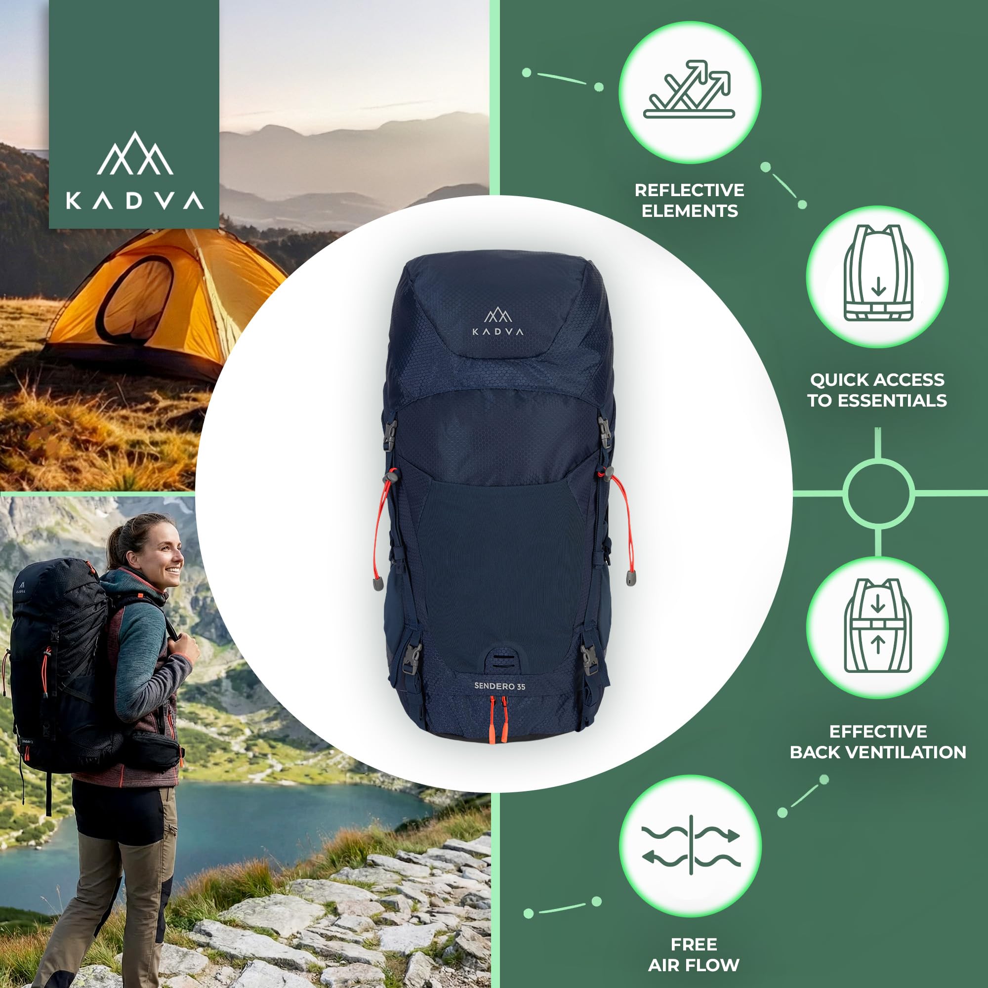 KADVA Plecak trekkingowy Sendero 35 l, system nośny WindspIRE, wentylacja i niewielka waga, hydrofobowy, regulowane pasy biodrowe i piersiowe, odblaskowe detale, dolne paski