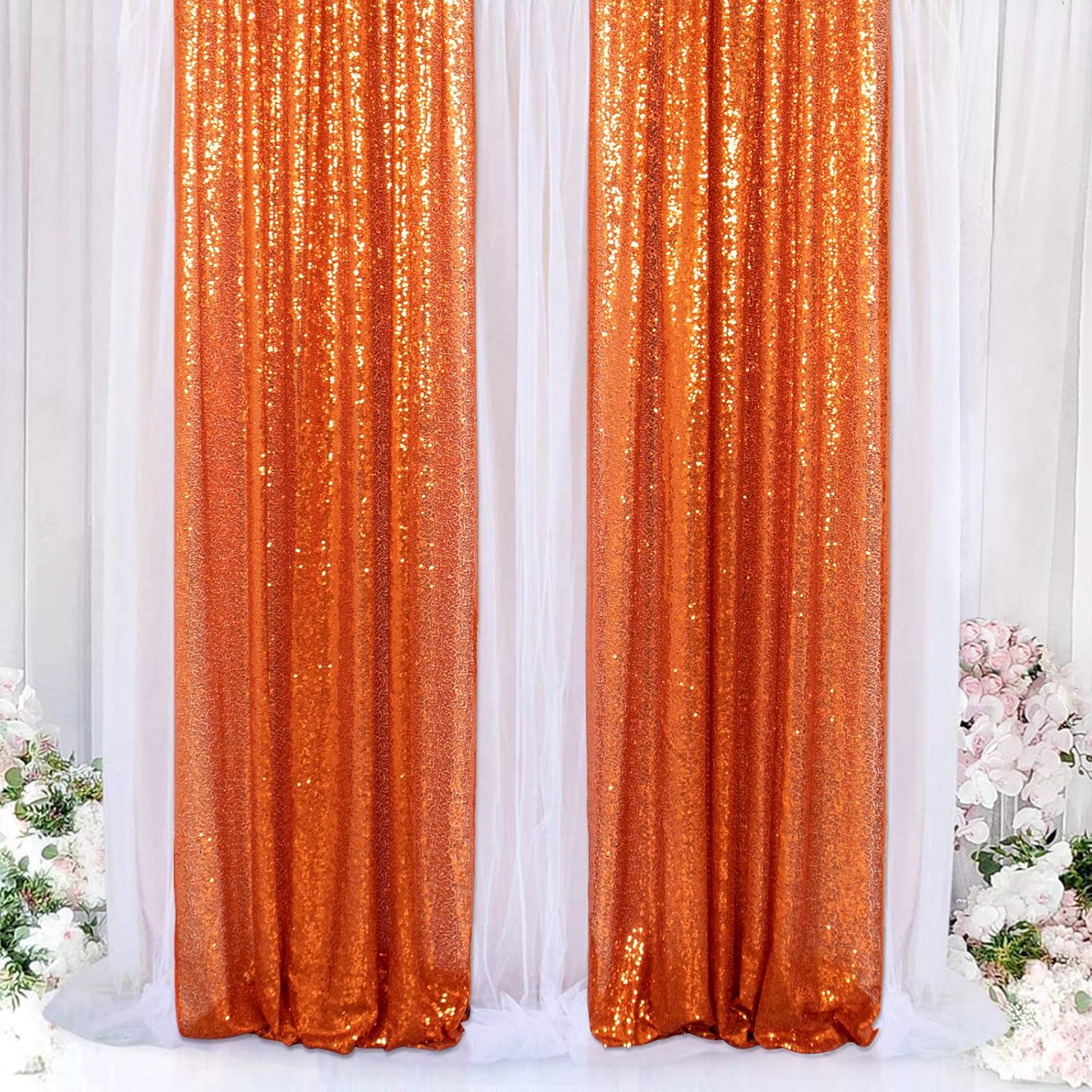 Free Shipping Over $50 Sequin Curtain Backdrop 2 Panels 4FTx7FT Orange Sequin Photography Backdrop Glitter Backdrop Curtain Pack of 2 -190418E