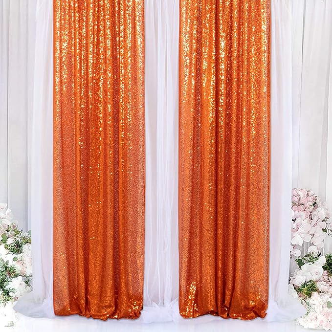 Orange Sequin Backdrop Curtains 2 Pack (2FT X 8FT Each) - Glitter Photography Drapes For Wedding, Birthday, Party Decor