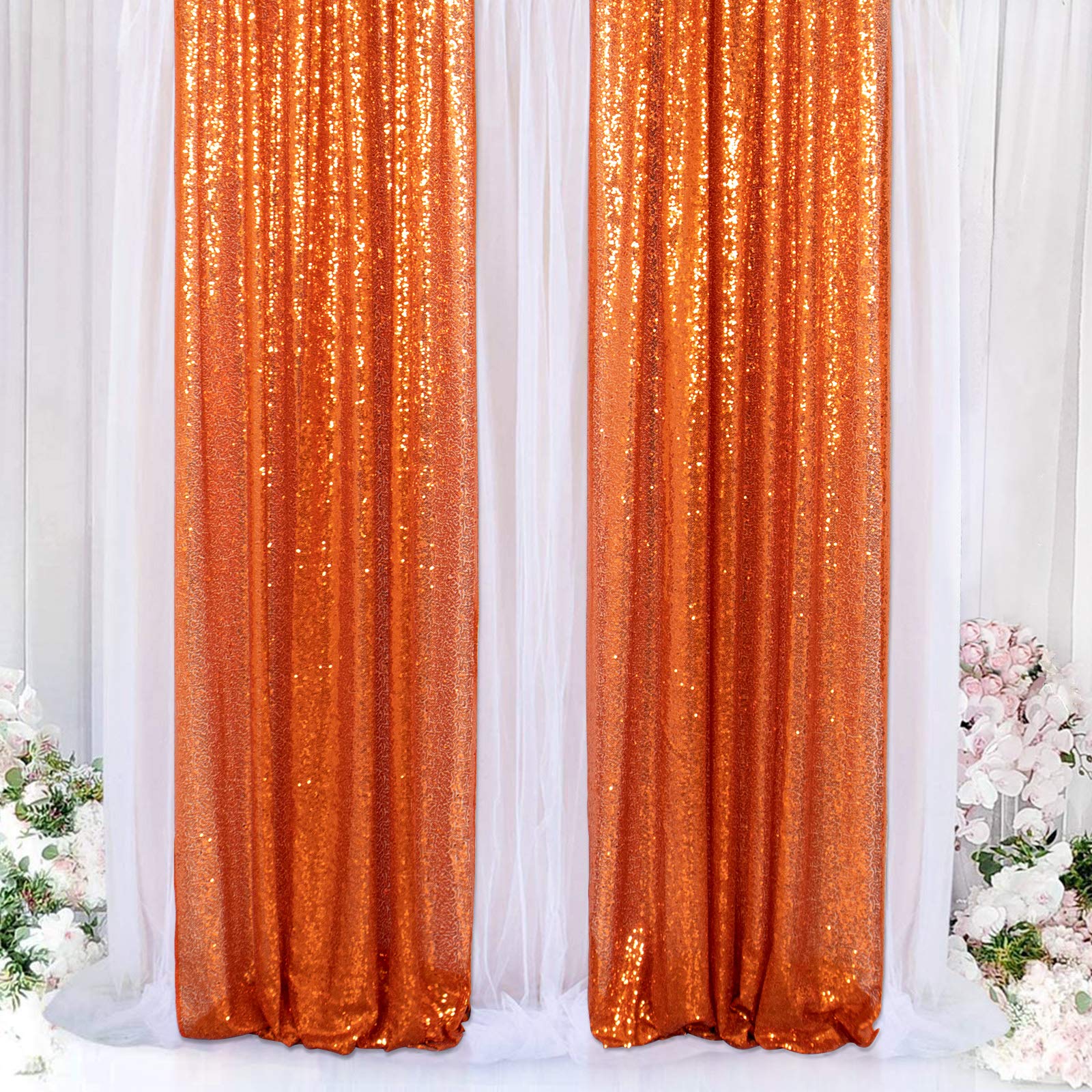 ShinyBeauty Orange Sequin Backdrop Curtains 2 Panels 2FTx8FT Orange Sparkly Sequin Photo Background Shimmer Backdrop Curtains for Party Glitter