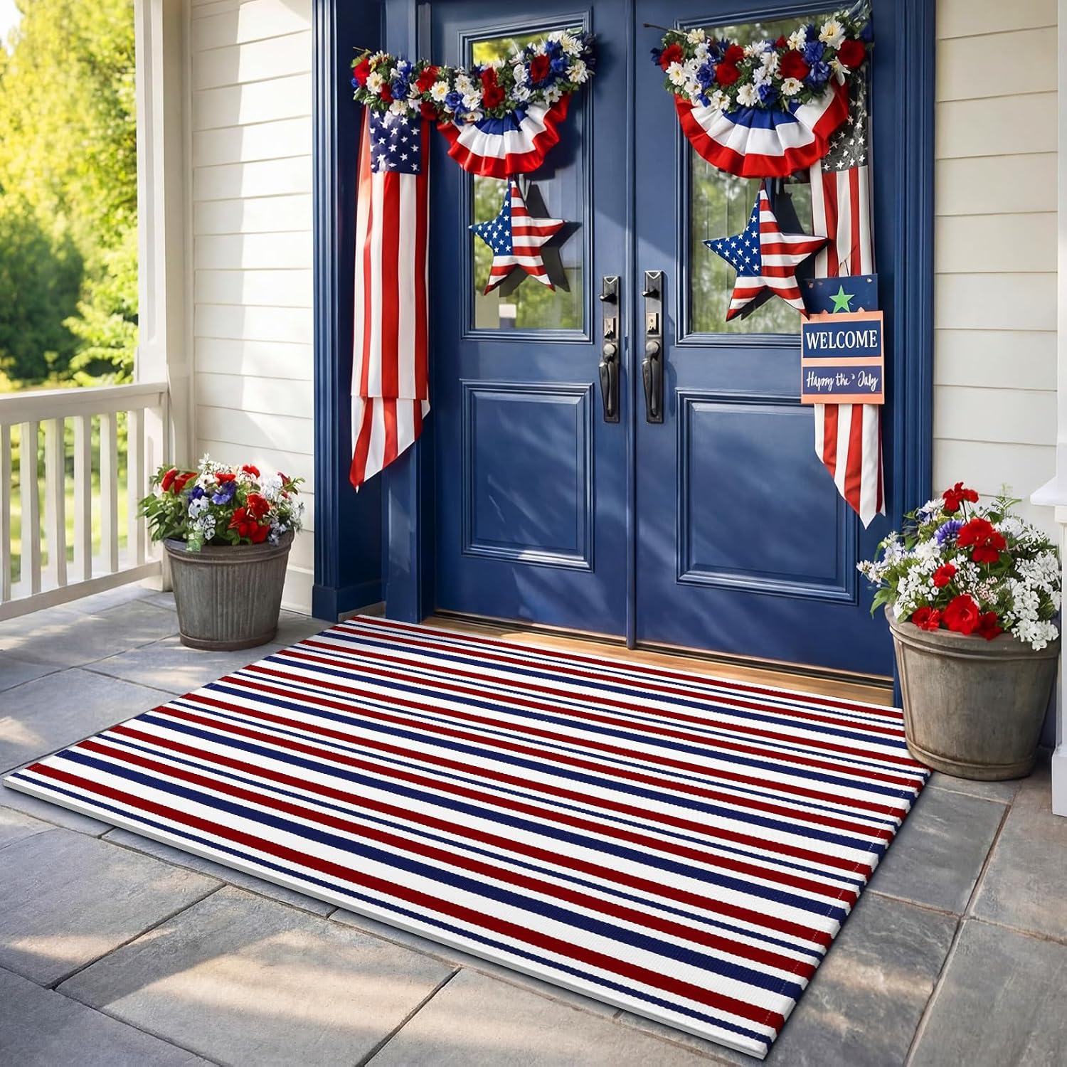 Moucuny Red Blue White Memorial Day Striped Rug, 35'' x 59'' 250 Anniversary Mat Patriotic Outdoor Front Porch Door Mat Welcome Layering Rustic Rug, Washable Doormat for Entryway Farmhouse Decor