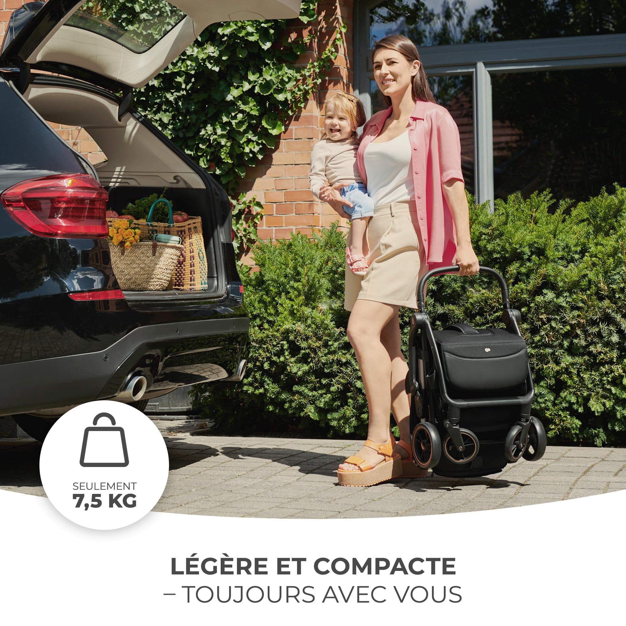 Kinderkraft APINO Poussette Légère, Ne Pèse Que 7,5 kg, Poussette De Voyage, Pliage automatique, AUTO FOLDING, Facile À Pince, Dossier Réglable En Position Allongée, poids maximum jusqu'à 24 kg, Noir