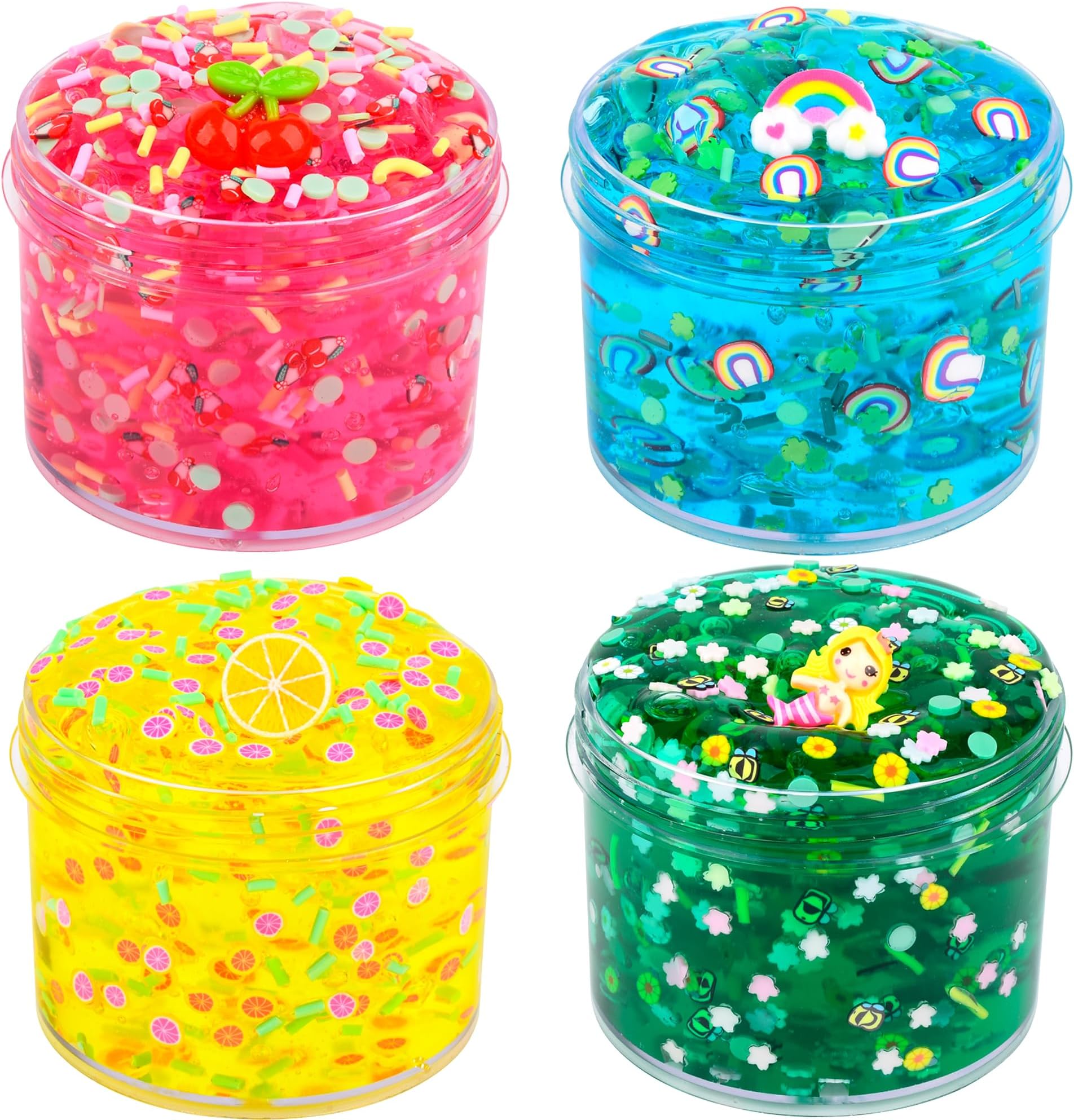 4 Piece Kit Jelly Crunchy Slime, Red Cherry,Blue Rainbow Yellow Lemon and Green Mermaid Jelly Crunchy Slime, Super Soft and Non-Stick, Birthday Gift Slime Party Gift
