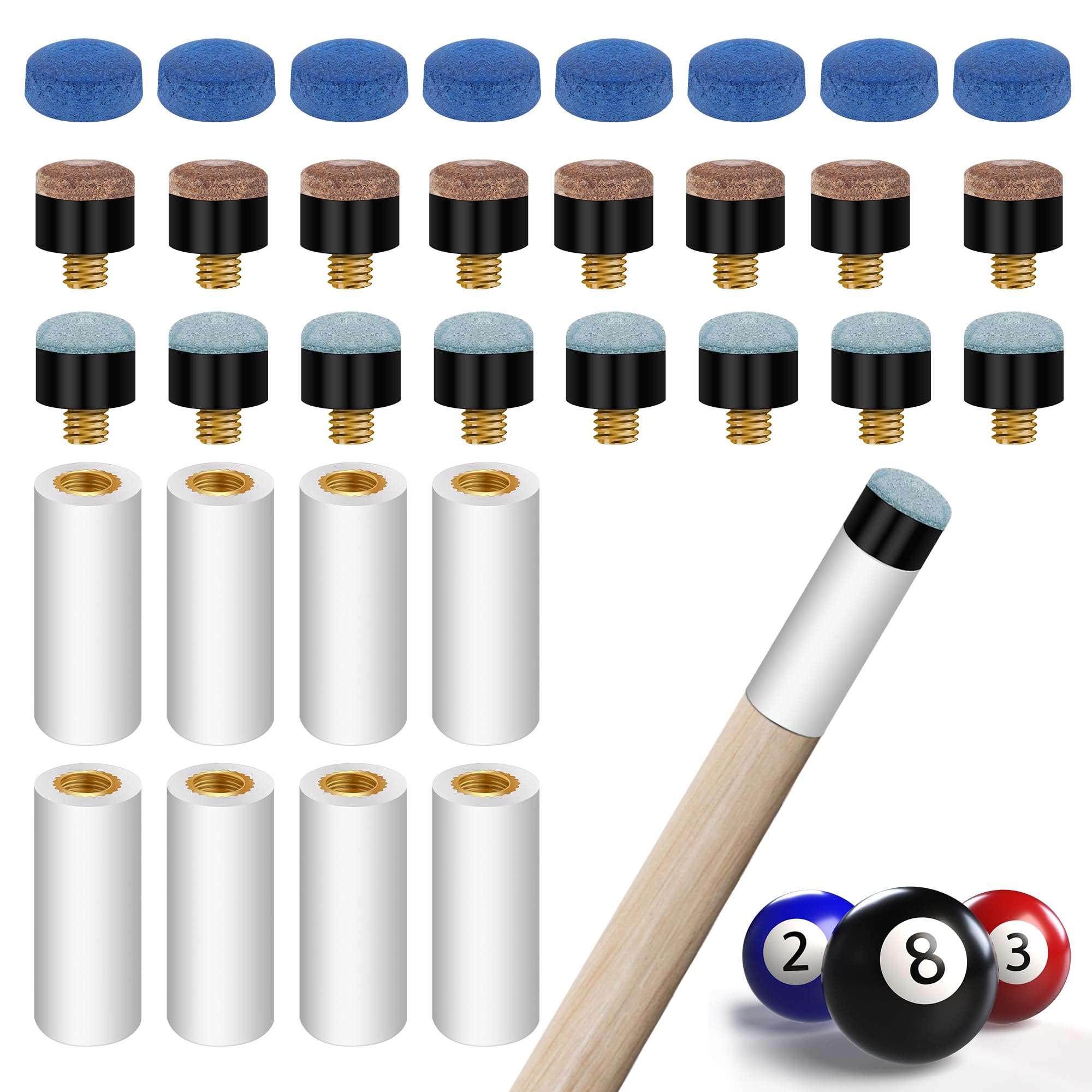 Hoedia 24PCS Pool Cue Tips Replacement Kit with White Pool Cue Stick Ferrules, Brass Screw-on Replacement Tips with Pool Cue Stick Ferrules for Snooker Pool Cues(3 Types)