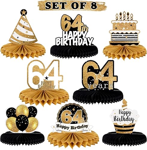 Miniatura 100 de LINGTEER Decoración feliz 50 cumpleaños negro y dorado de papel para mesa - Juego de centros de mesa con estrella de pastel y globo, 8 piezas