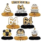 LINGTEER Happy 64th Birthday Table Honeycomb Centerpieces Cheers to 64th Birthday 64 Years Old Party Table Decorations Gift Sign.