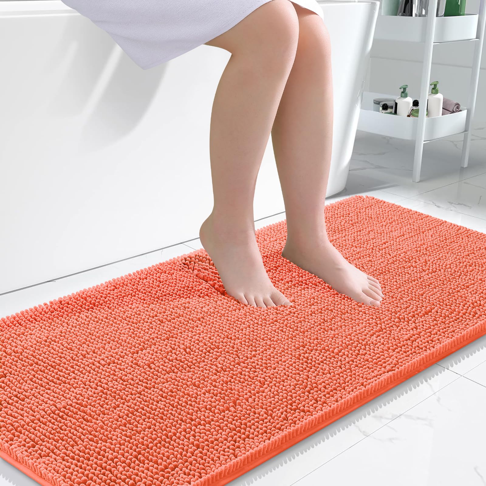 OLANLY Bathroom Runner Rugs 45x27, Extra Soft Absorbent Chenille Bath Rugs | Coral, Quick-Drying Rubber Backing, Machine Washable Long Bath Mat for Bathroom Floor, Tub and Shower, Home Decor Accessories