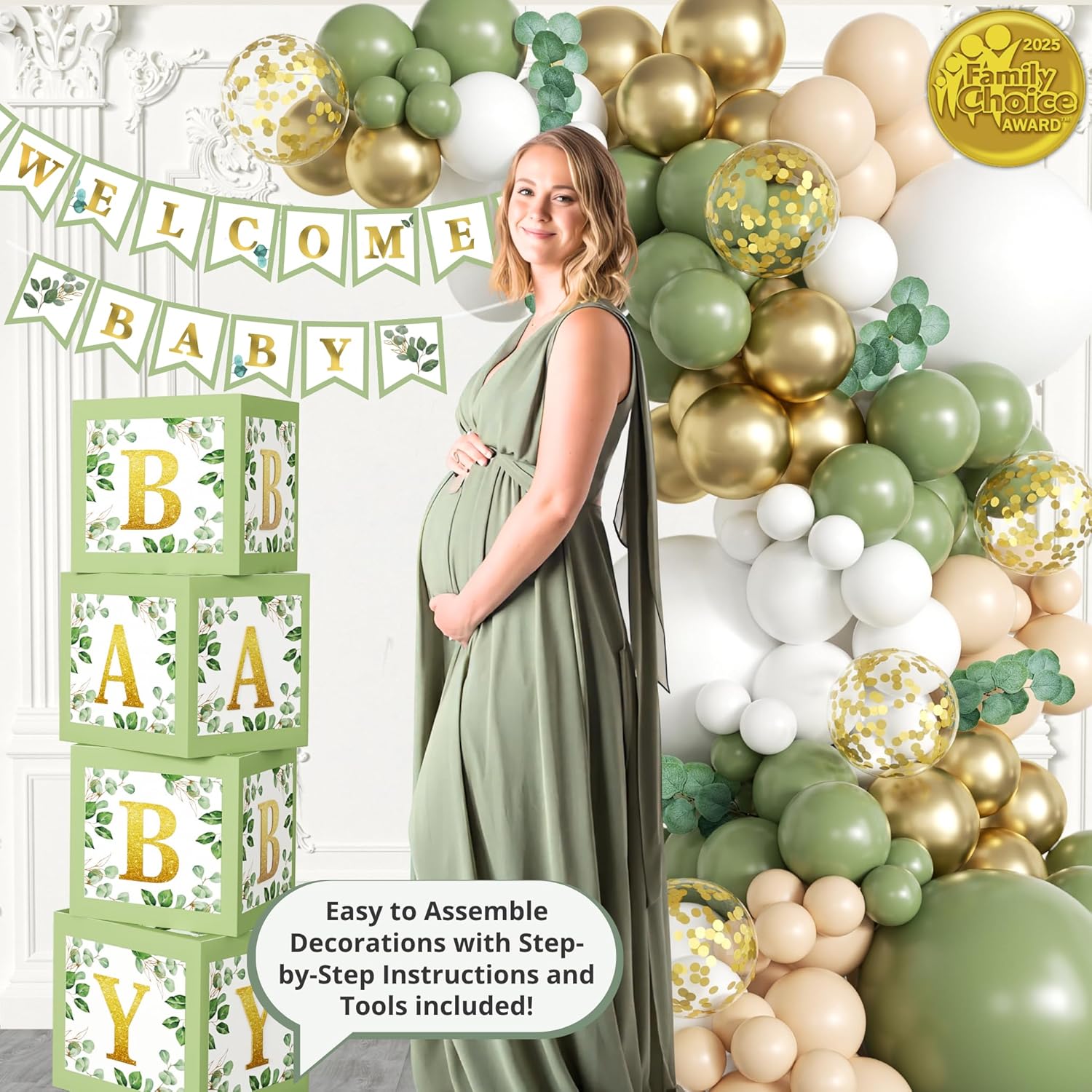 258 PC Sage Green Baby Shower Decorations, Gender Neutral Mint Balloons Garland and BABY Boxes, Welcome Baby Banner, Olive Green Baby Shower Decorations for Boy and Girl, Woodland Safari Jungle