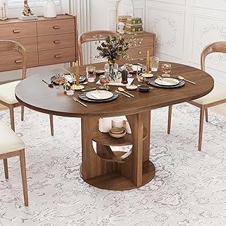 Modern Extendable Round Dining Table for 4-6, 43-59 Inch Oval Dinner Kitchen Table with Storage, Wood Walnut Circle Table with Leaf, Space Saving, for Dining Room, Living Room