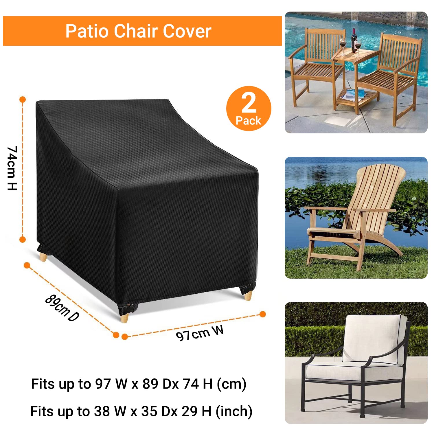 Set di 2 coperture per sedie da giardino, impermeabili, anti UV, in tessuto Oxford 420D, con 4 fibbie e corda orlo, antivento, per esterni (97 x 89 x 74 cm)
