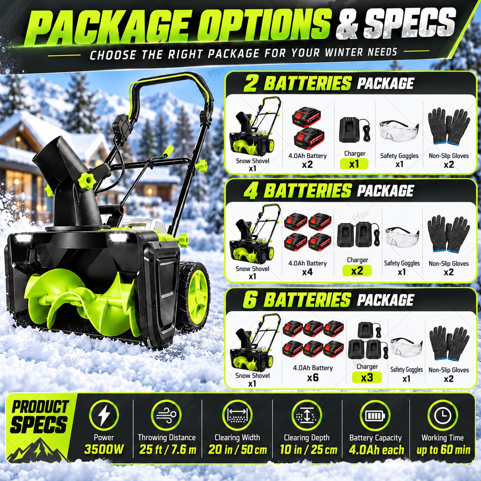 Souffleuse à Neige électrique 40 V, Portée De 25 Pieds, éclairage LED 6Batteries