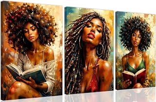 African American Women Canvas Wall Art, Boho Floral Black Girl Painting3...