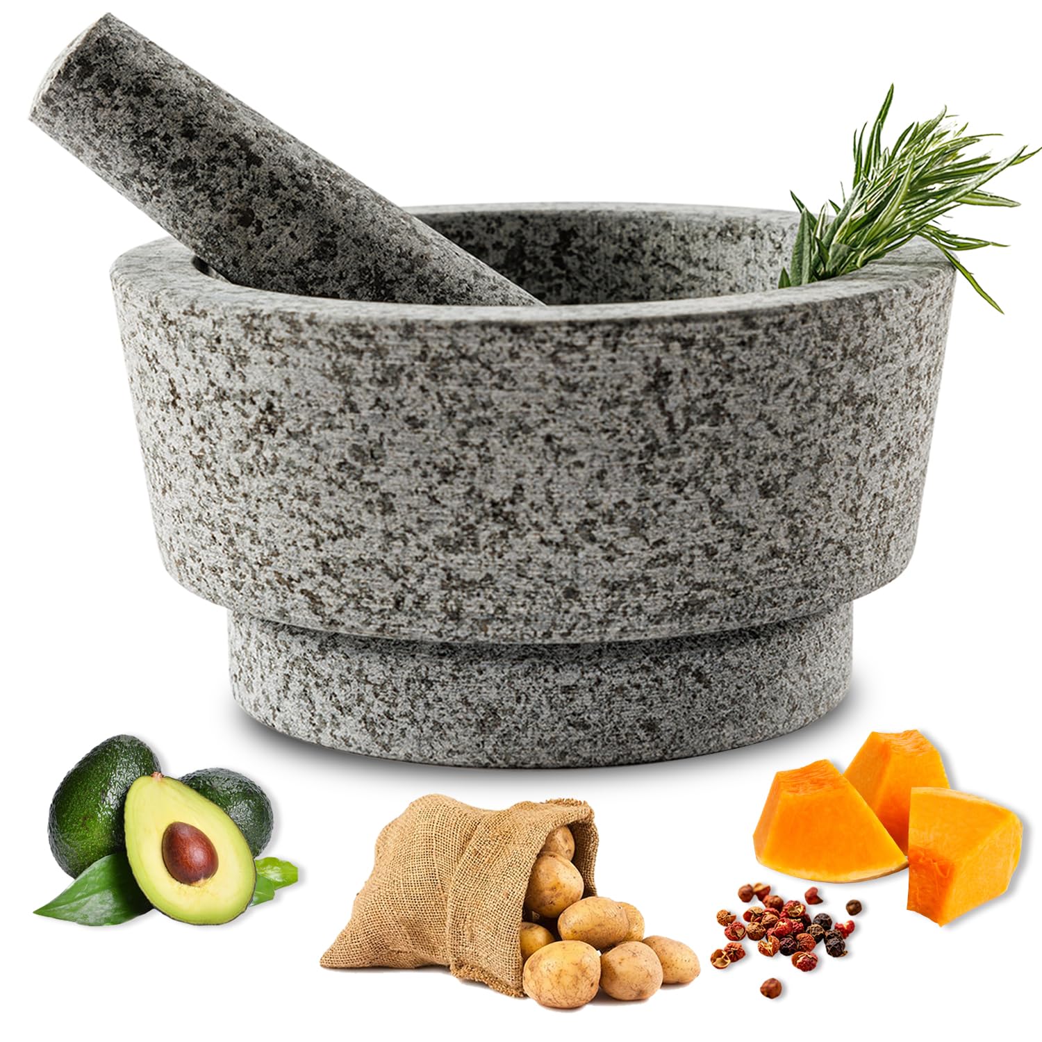 Mortero y pilón – Cuenco de granito sin pulir para moler especias, mortero de salsa de aguacate para el día familiar y mortero de 7.1 pulgadas, 5.5 tazas, molcajete mexicano, molinillo manual de