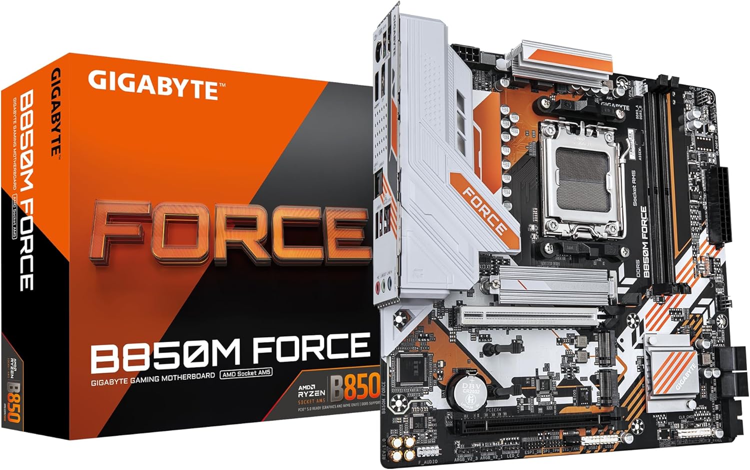 GIGABYTE B850M Force Motherboard - AMD Ryzen 9000 Series CPUs, 8+2+2 Phases Digital VRM, up to 9600MHz DDR5 (OC), 1xPCIe 5.0 + 2xPCIe 4.0 M.2, 2.5 GbE LAN, USB 3.2 Gen 2
