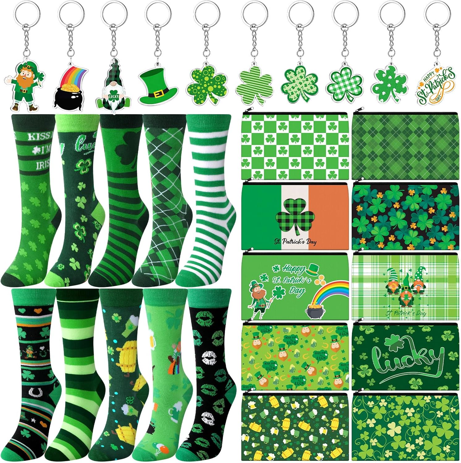 Dansydaisy 30 Pcs St Patrick's Day Gift Sets Makeup Bags Bulk Green Irish Shamrocks Socks and Keychains Hat Rainbow Gnome Pendant Ornament for St Patrick's Day Party Favor Supplies Holiday Gift
