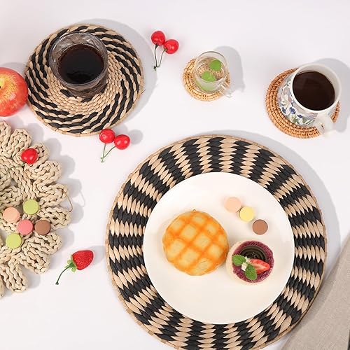 Vista 11 de Juego de 6 cestas de pared bohemias – Decoración de pared tejida para colgar, cesta tejida hecha a mano, redondas, planas, arte de pared