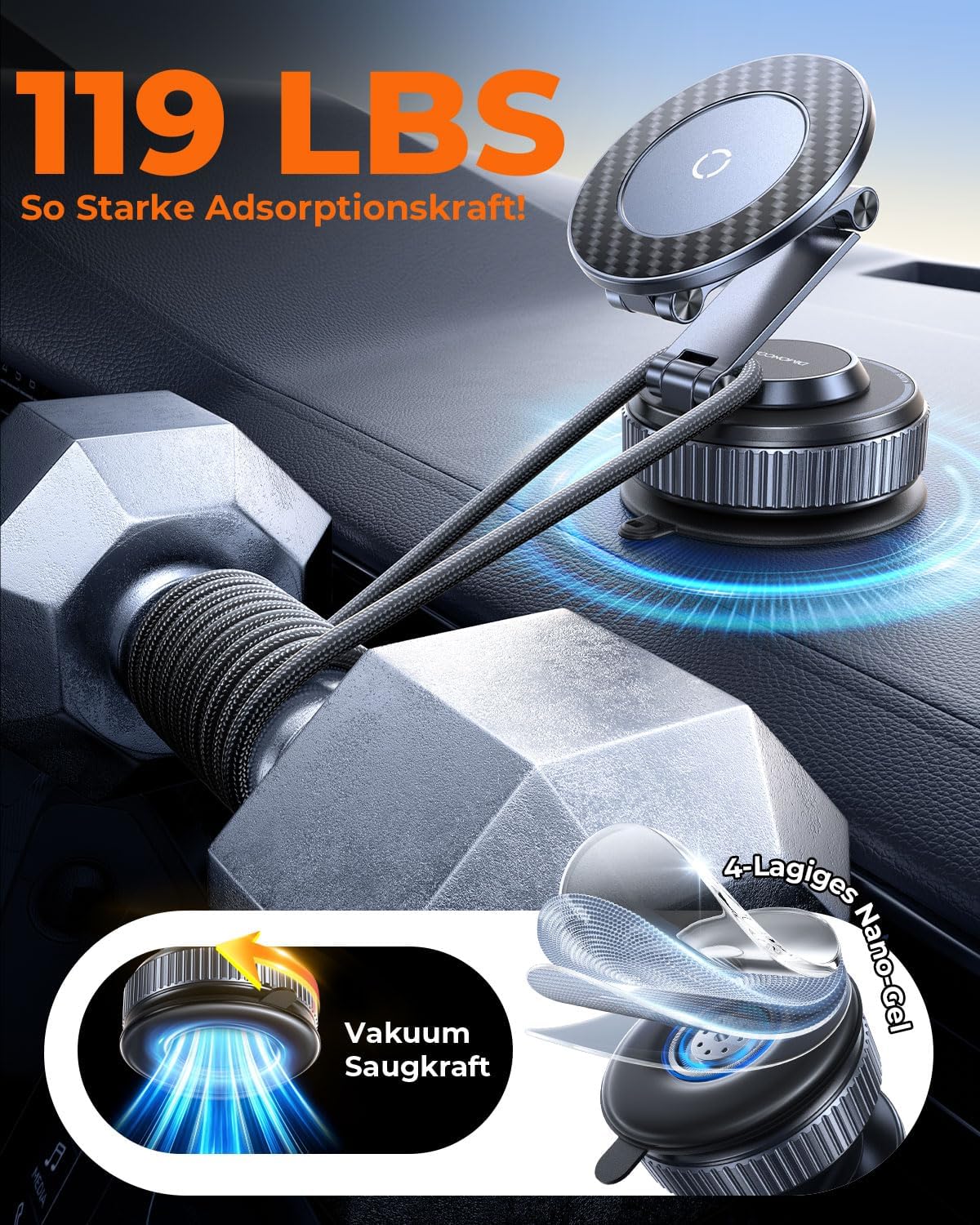 Upgraded - Supporto magnetico per cellulare in nano-gel, girevole a 360°, in metallo, per auto con potenza di aspirazione 119+LBS e magnete più forte, per iPhone 17 Pro Max