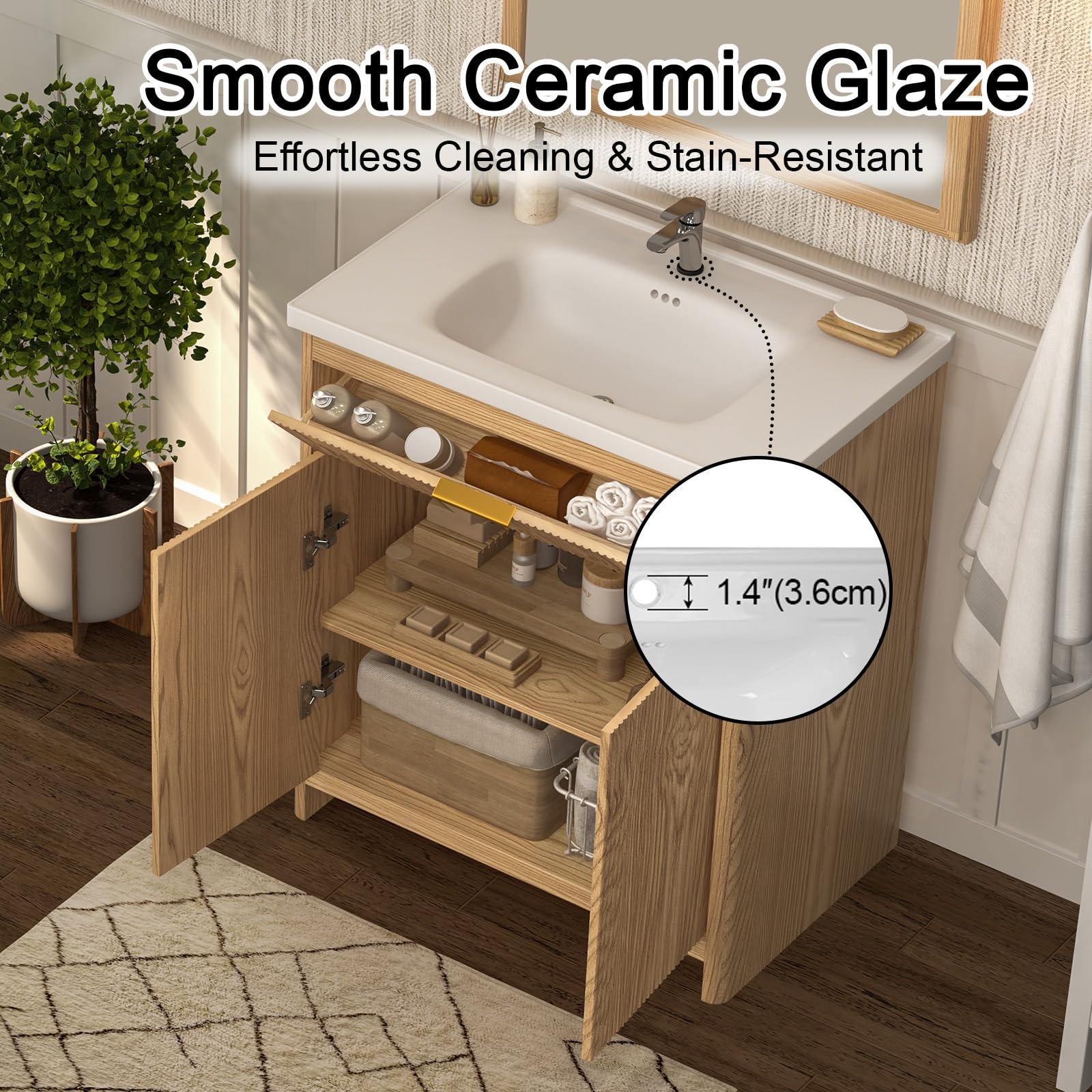 Szafka pod umywalkę 80 cm z umywalką ceramiczną, umywalka z szafką dolną i zestawem mebli łazienkowych, drzwi Soft-Close, odporna na wilgoć MDF, łatwy montaż, wygląd drewna