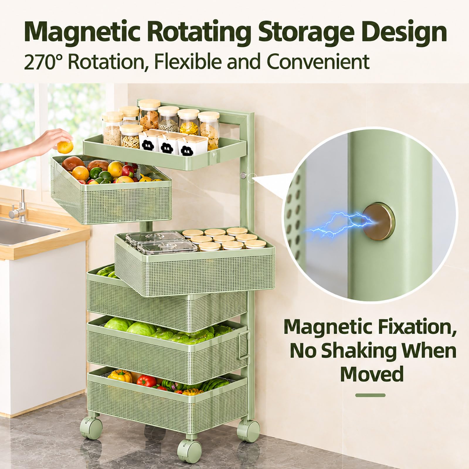 Carrello con Ruote Magnetico Girevole Multiuso, Carrello Salvaspazio Cucina